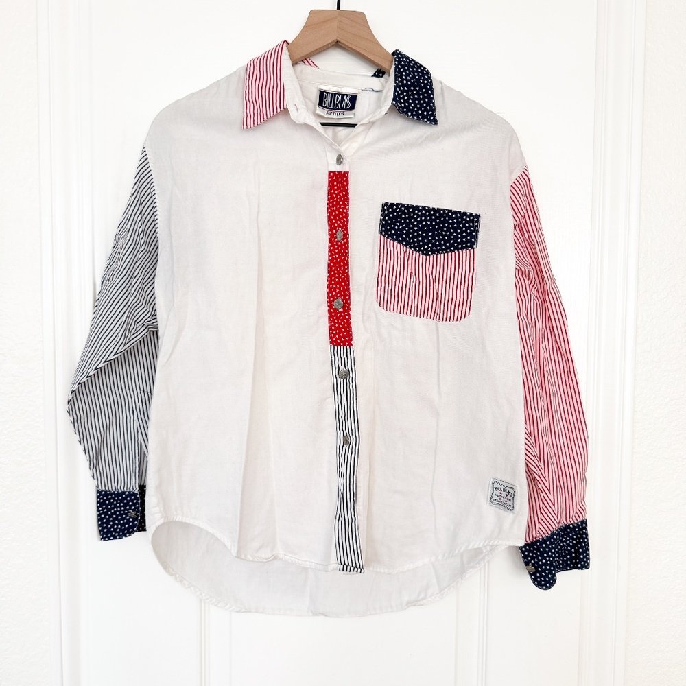 Vintage 90s Bill Blass American Flag Button Down Collard Shirt, Stars & Stripes